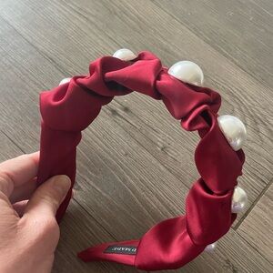Anthropologie Satin Scrunch Red Pearl-Embellished Headband